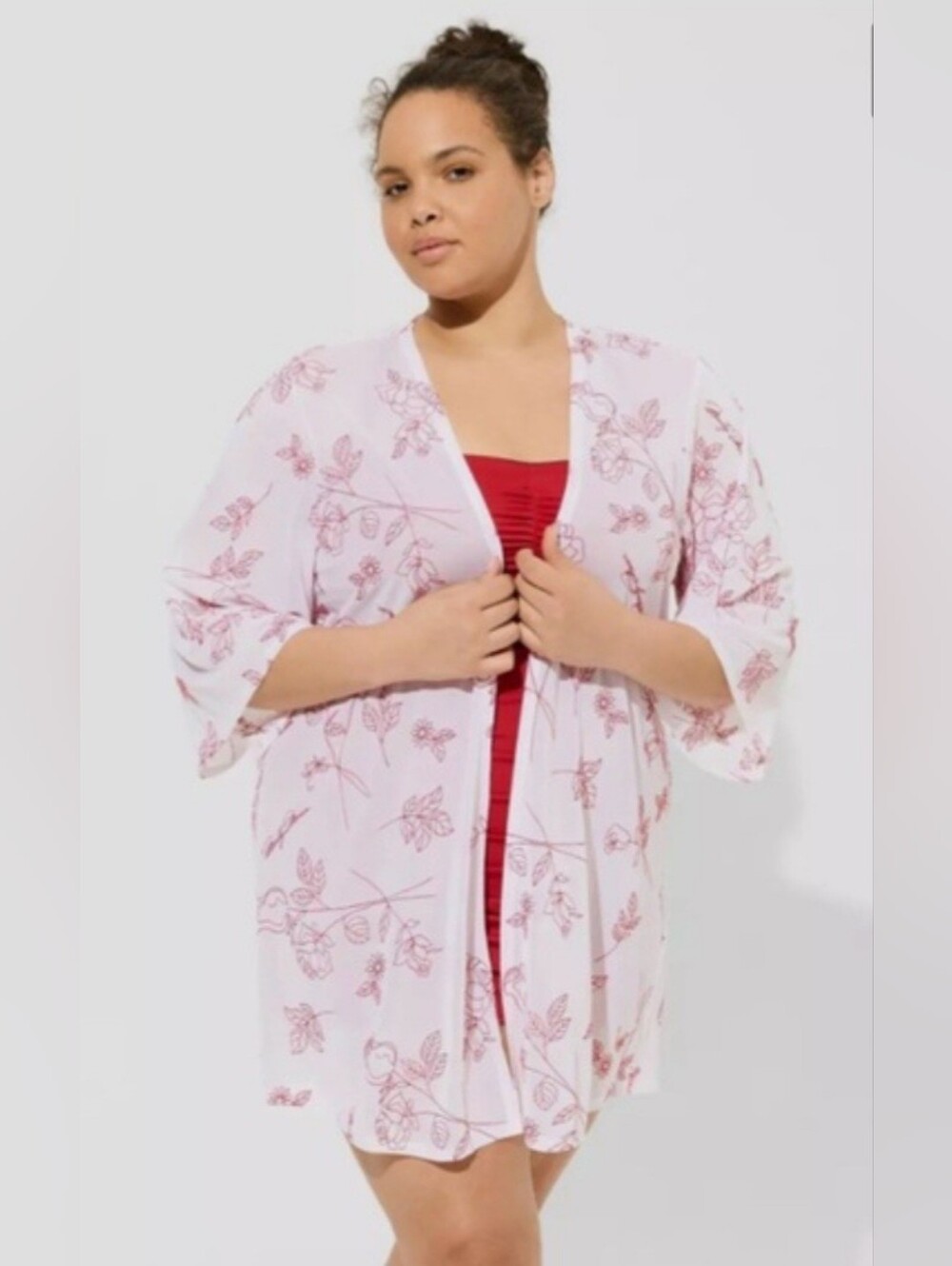 Torrid Pink Floral Kimono Robe with Red Print Size 2